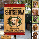 Welcome To Shitshow Hope You Brought Dog Treats, Light Wooden Background, Personalized Dog Metal Sign