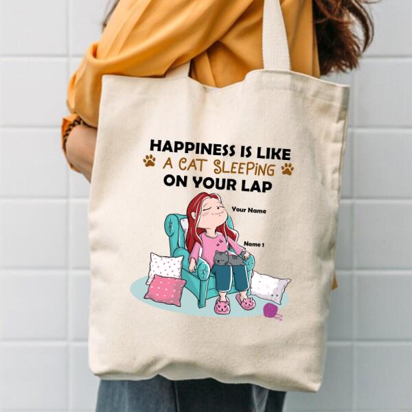 Happiness Is Like A Cat Sleeping On Your Lap - Personalized Cat Tote Bag