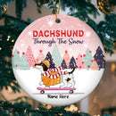 Dachshund Through The Snow Pinktone Circle Ceramic Ornament - Personalized Dog Lovers Decorative Christmas Ornament