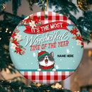 Most Wonderful Time Of The Year Red Plaid Circle Ceramic Ornament - Personalized Cat Decorative Christmas Ornament