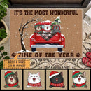 It's The Most Wonderful Time Of The Year - Red Truck Snow - Personalized Cat Christmas Doormat