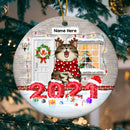 Numeral Year Decorated With Xmas Snow Circle Ceramic Ornament - Personalized Cat Lovers Decorative Christmas Ornament