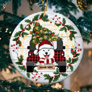 Dogs On Truck Xmas Berries Around Circle Ceramic Ornament - Personalized Dog Lovers Decorative Christmas Ornament