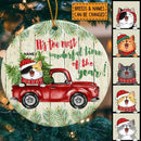 Most Wonderful Time Old Green Wooden Circle Ceramic Ornament - Personalized Cat Lovers Decorative Christmas Ornament