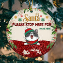 Santa Please Stop Here For Glitter Circle Ceramic Ornament - Personalized Cat Lovers Decorative Christmas Ornament