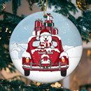 Personalised Dog On Red Truck Snowy Circle Ceramic Ornament - Personalized Dog Lovers Decorative Christmas Ornament
