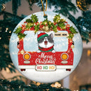 Merry Christmas Ho Ho Ho Red Truck Circle Ceramic Ornament - Personalized Cat Lovers Decorative Christmas Ornament