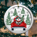 Cat On Red Truck White Wooden Circle Ceramic Ornament - Personalized Cat Lovers Decorative Christmas Ornament