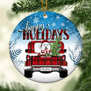 Happy Holidays Red Truck Blue Ombre Circle Ceramic Ornament - Personalized Dog Lovers Decorative Christmas Ornament