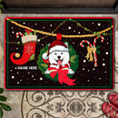 Xmas Funny Dog With Wreath - Xmas Stocking And Candy - Black Mat - Personalized Dog Christmas Doormat