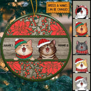 Xmas Cat On Wooden With Poinsettia Circle Ceramic Ornament - Personalized Cat Lovers Decorative Christmas Ornament