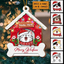 Personalised Cat In Red House With Bone Shaped Wooden Ornament - Personalized Cat Lovers Decorative Christmas Ornament