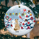 Red Cardinal With Christmas Tree Circle Ceramic Ornament, Cat Memorial Ornament 2022, Personalized Cat Lovers Christmas Decorative Ornament