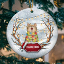 Christmas Cat Snowy String Lights Circle Ceramic Ornament, Personalized Cat Lovers Decorative Christmas Ornament