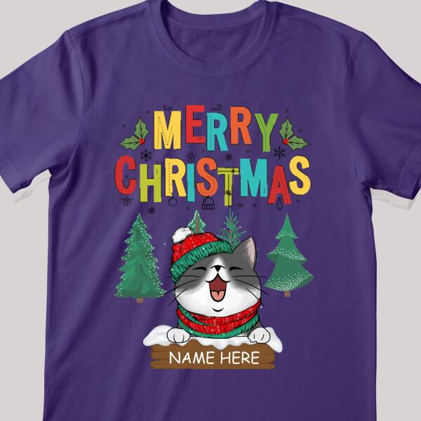 Merry Christmas, Xmas Cat With Pine Trees Background, Personalized Cat Christmas T-shirt