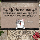 Welcome - ISH, Depends On Who You Are And How Much You Like Cats, Grey And Brown Background, Personalized Cat Breeds Doormat