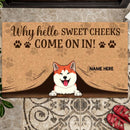 Why Hello Sweet Cheeks Come On In, Peeking From Curtain Doormat, Personalized Dog & Cat Doormat
