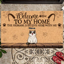 Welcome To Our Home, The Humans Just Live Here With Us, Cat Paws On The Yellow Background, Personalized Cat Doormat