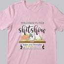 Welcome To Shitshow, Hope You Brought Alcohol, Pink Flowers And Pink Tree Background, Personalized Cat Lovers T-shirt