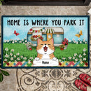 Home Is Where You Park It, Camper Vans The Green Field With Flowers And Butterflies, Personalized Cat Lovers Doormat