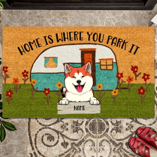 Home Is Where You Park It Camper Van, Colorful Camping Bus With Flower Garden, Personalized Dog Doormat