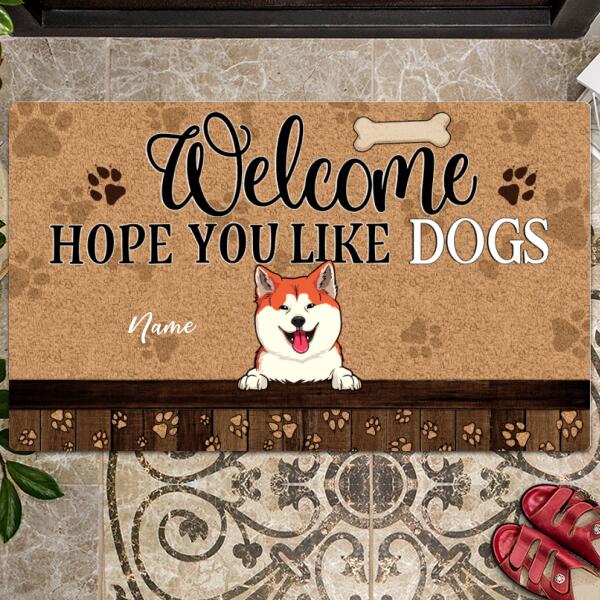 Welcome  Hope You Like Dogs, Dog Paw With Brown Background, Personalized Dog Doormat