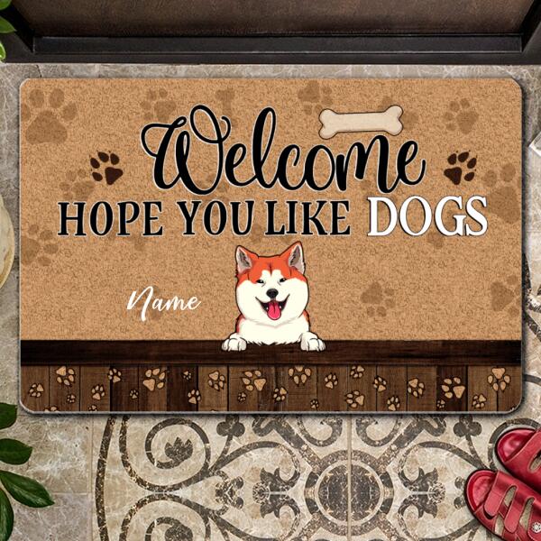 Welcome  Hope You Like Dogs, Dog Paw With Brown Background, Personalized Dog Doormat