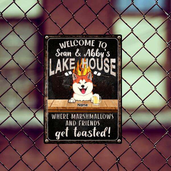 lake house decor Welcome To Family Lake House, Where Marshmallows And Friends Get Toasted, Dog & Beverage, Personalized Dog Lovers Metal Sign