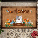 Welcome, Pet With Flowers Doormat, Personalized Dog & Cat Doormat, Home Decor, Gifts For Pet Lovers