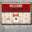 Welcome To My Home The Humans Just Live Here With Me, Pawprints & Bones Sign, Personalized Dog & Cat Metal Sign