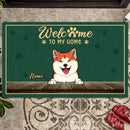 Welcome To Our Home, Dark Green With Pet Pawprints Background, Personalized Dog & Cat Lovers Doormat
