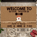 Welcome To Our House The Humans Live Here Too, Pawprint & Bone Doormat, Personalized Dog & Cat Doormat