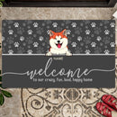 Welcome To Our Happy Home, Dark Doormat, Personalized Dog & Cat Doormat, Home Decor, Gifts For Pet Lovers