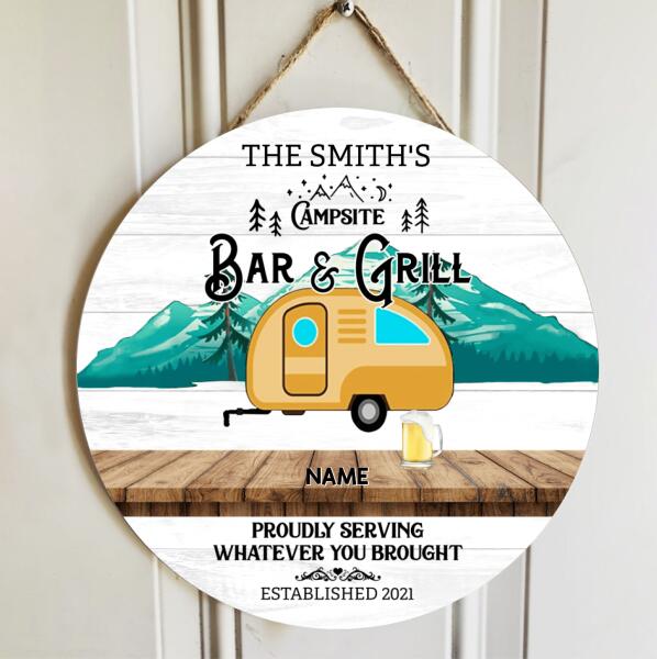 Campsite Bar & Grill, Proudly Serving Whatever You Brought, Green Mountain & Yellow Camping Bus, Personalized Dog & Cat Breeds Door Sign