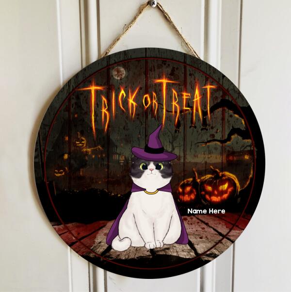 Trick Or Treat - Pumpkin Carving, Witch & Dracula Cloak, Devil Wings - Personalized Cat Halloween Door Sign