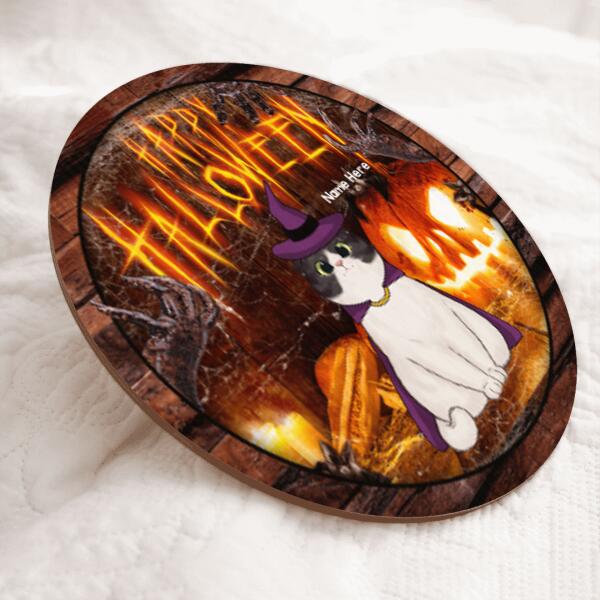 Happy Halloween - Jack-o'-lantern - Personalized Cat Halloween Door Sign