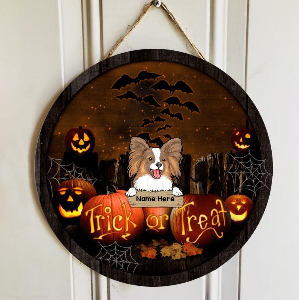 Trick Or Treat - Dogs On Scary Pumpkins - Personalized Dog Halloween Door Sign