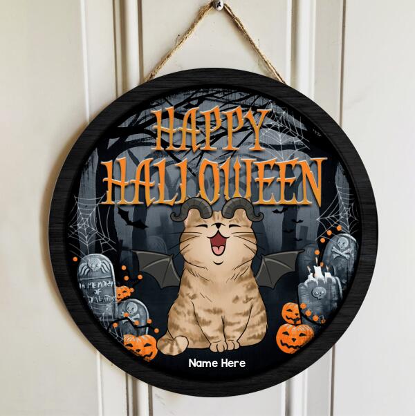 Happy Halloween - Foggy Cemetery At Night - Personalized Cat Halloween Door Sign