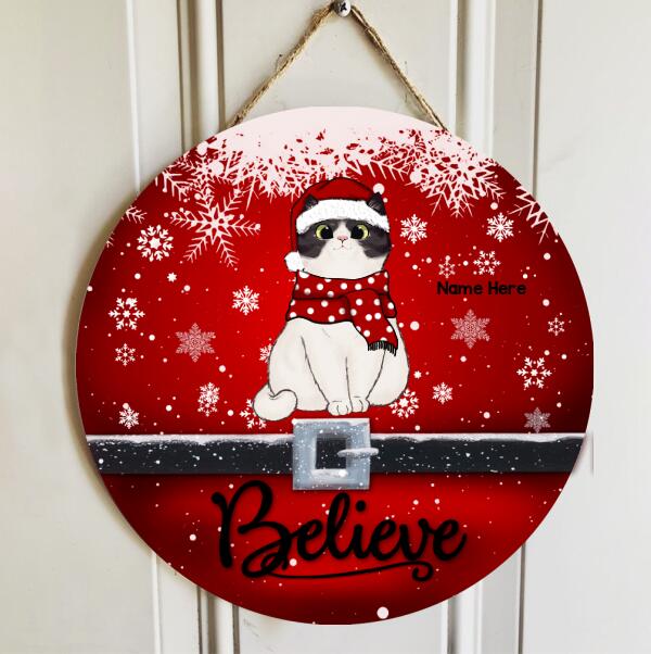 Believe - Red Background - Personalized Cat Christmas Door Sign