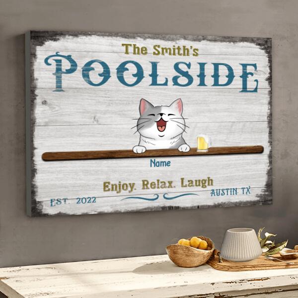 Personalized Dog & Cat Landscape Canvas, Gifts For Pet Lovers, Poolside Enjoy Relax Laugh Home Decor