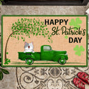 Personalized Dog & Cat Doormat, Happy St. Patrick Day Home Decor, Gifts For Pet Lovers, Dog & Cat In Green Truck