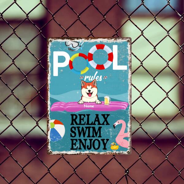Metal Pool Sign, Gifts For Pet Lovers, Relax Swim Enjoy Flamingo Personalized Metal Signs