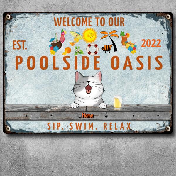 Metal Pool Signs, Gifts For Pet Lovers, Poolside Oasis Sip Swim Relax Hawaii Style Welcome Signs