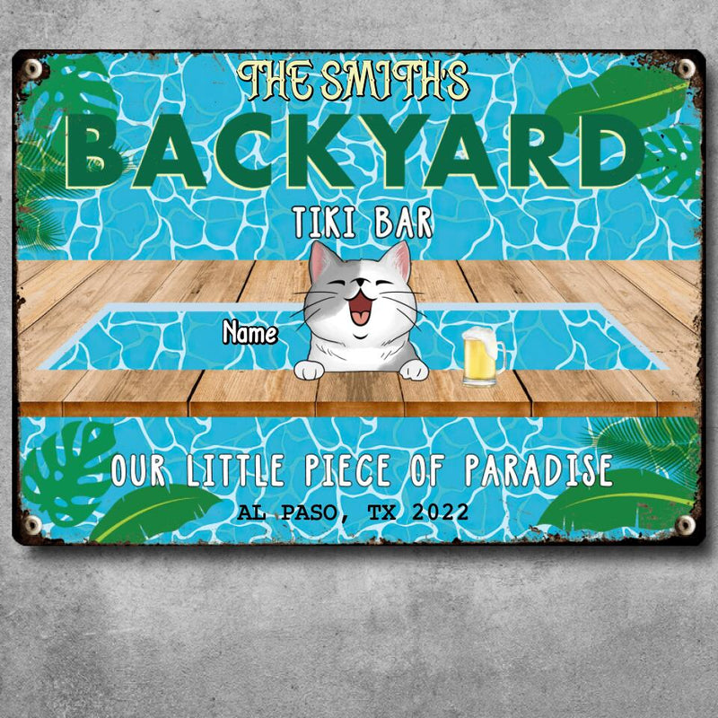 Metal Backyard Tiki Bar Sign, Gifts For Pet Lovers, Our Little Piece Of Paradise Dog & Cat In A Pool