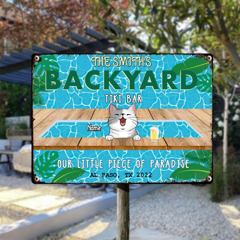 Metal Backyard Tiki Bar Sign, Gifts For Pet Lovers, Our Little Piece Of Paradise Dog & Cat In A Pool