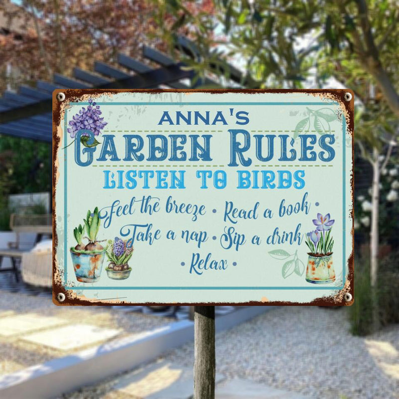 Metal Garden Sign, Gardens Rules Listen To Birds Feel The Breeze Read A Book Take A Nap Sip A Drink Vintage Sign