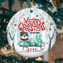Merry Christmas Winter Forest With Gifts Circle Ceramic Ornament - Personalized Cat Lovers Decorative Christmas Ornament
