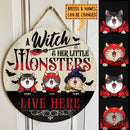 A Witch And Her Little Monsters Live Here - Halloween Costume - Personalized Cat Door Sign