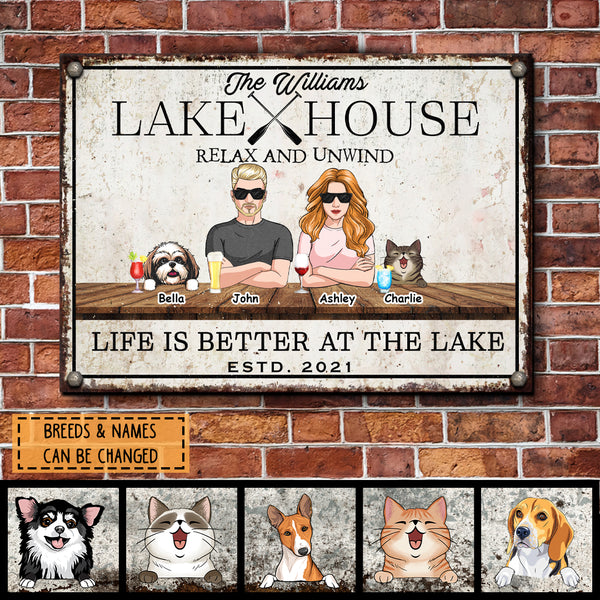 lake house decor Metal Lake House Sign, Gifts For Pet Lovers, Relax And Unwind Life Is Better At The Lake Personalized Family Sign