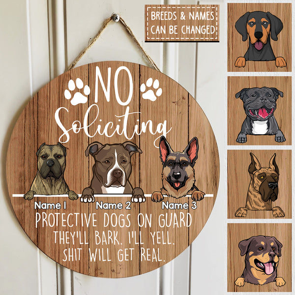 Custom Wooden Sign, Gifts For Dog Lovers, No Soliciting Protective Dogs On Guard They'll Bark Warning Sign